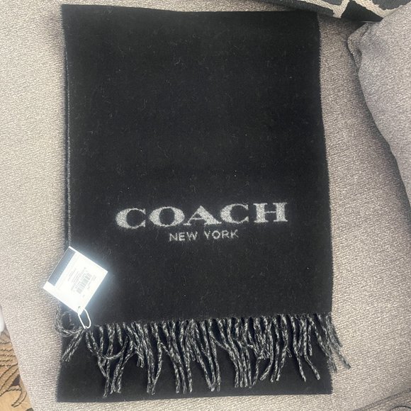 NWT COACH Wool & Cashmere Signature Scarf Black & Gray 76053 muffler - Picture 7 of 8